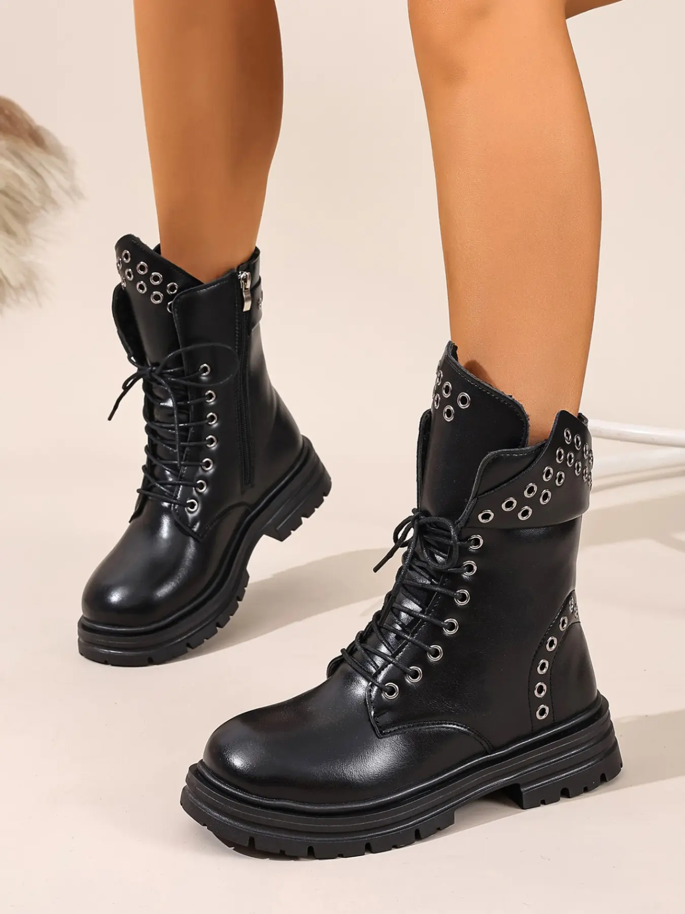 Women's Y2K Gothic Thick Sole Work Boots, Glossy Round Toe Gear Sole, Laces Side Zipper Eyelets, Punk Motorcycle Short Boots, Music Festival Streetwear