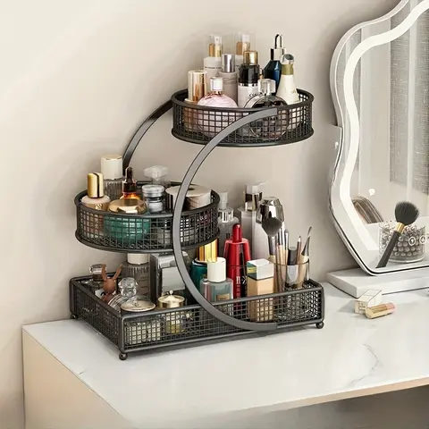 Summerwins Classic Freestanding Aluminum Makeup Stand - Black Single Unit Vanity Box Organiser with Large Space, Multi-Layered Scratch Resistant Stable Storage, Irregular Form Compartments for Beauty Enthusiasts, Multi-Compartment Storage Solutions