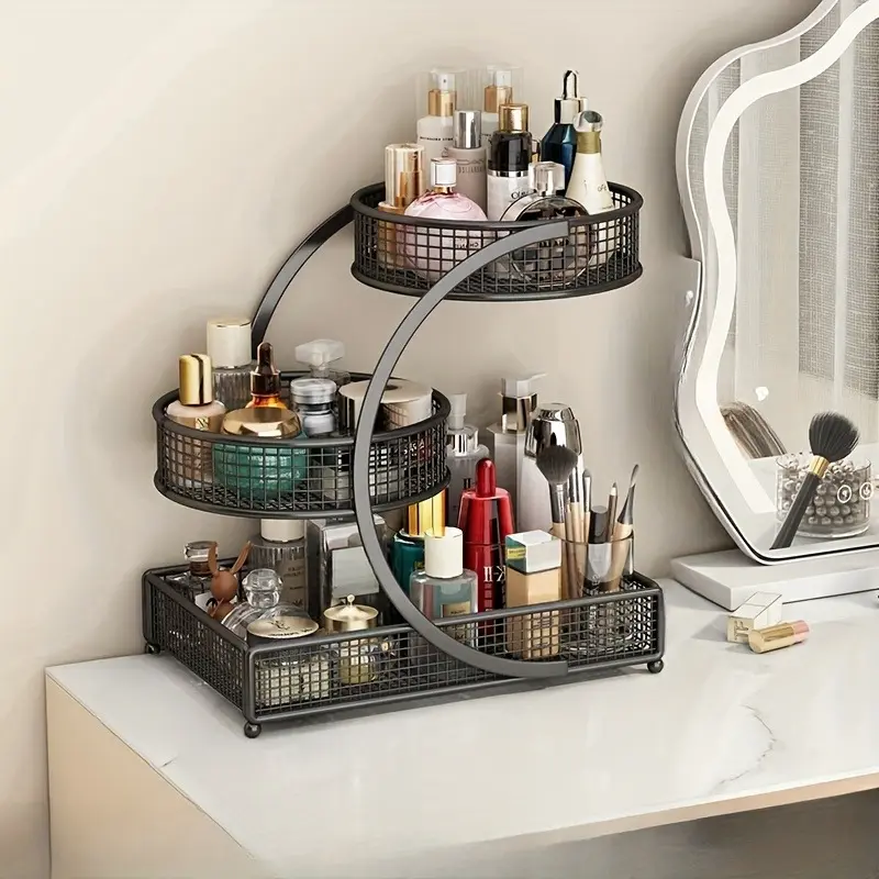 Summerwins Classic Freestanding Aluminum Makeup Stand - Black Single Unit Vanity Box Organiser with Large Space, Multi-Layered Scratch Resistant Stable Storage, Irregular Form Compartments for Beauty Enthusiasts, Multi-Compartment Storage Solutions