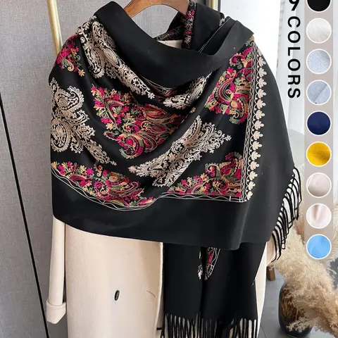 Boho Style Floral Print Tassel Decor Shawl, Casual Fashionable Scarf, 2024 New Style Casual Soft Warm Double Sided for Fall & Winter, Fashion Accessories for Women & Men #GLOBAL PICKS