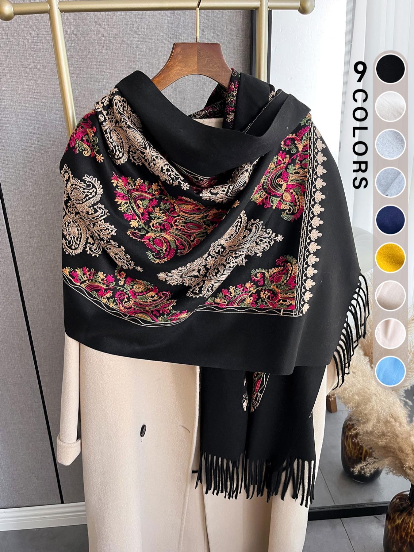 Boho Style Floral & Paisley Embroidery Tassel Decor Shawl, Trendy Casual Soft Warm Double Sided Scarf for Fall & Winter, Fashion Accessories for Women & Men