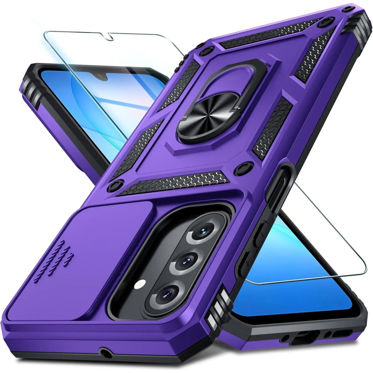 3-in-1 TPU Heavy Duty Shockproof Full Body Case for Samsung Galaxy A17 5G - Built-in Sliding Camera Cover, HD Tempered Screen Protector, Rotatable Finger Ring Holder Kickstand, Purple Mobile Phone Accessory, Accessories, Contemporary Art