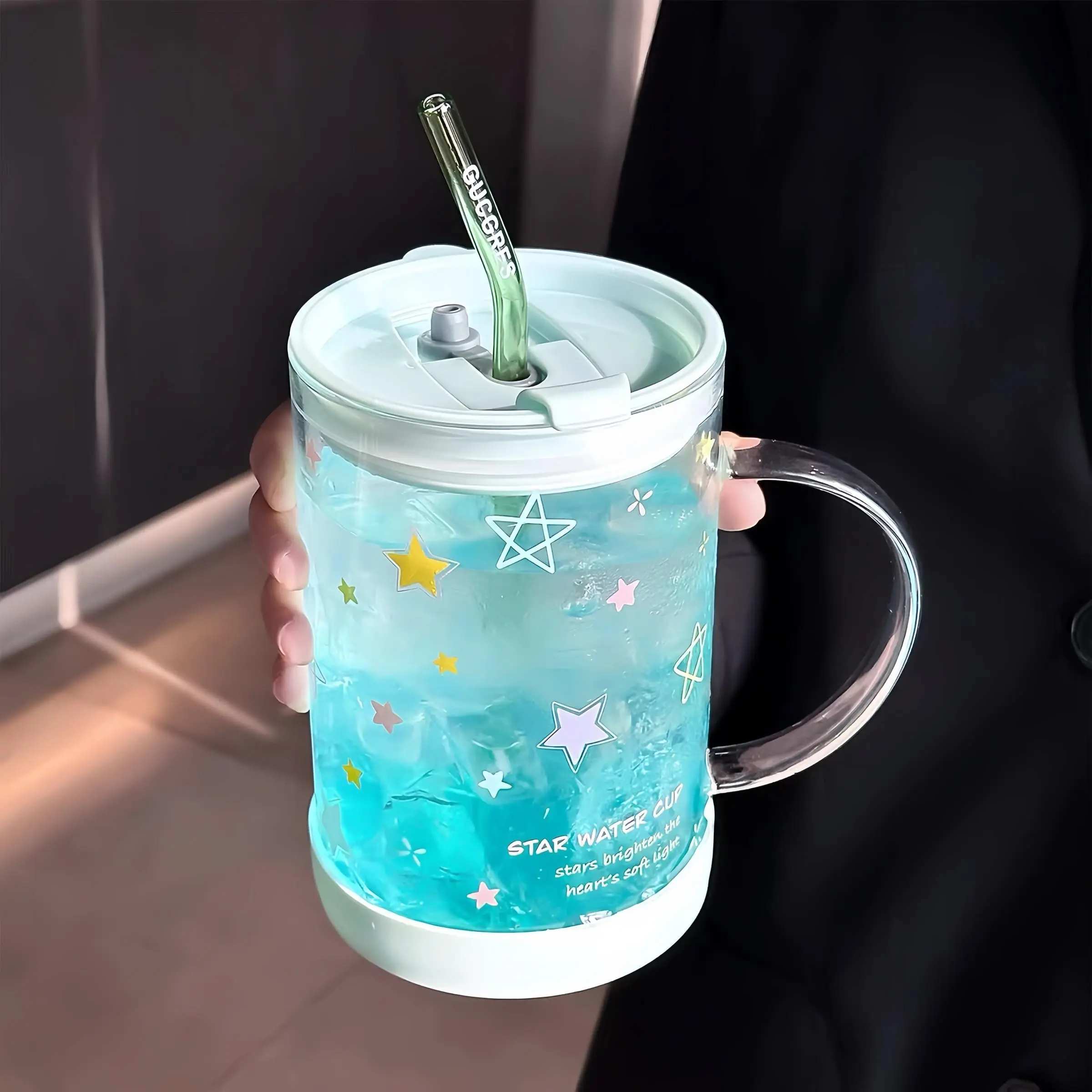 1000ML Glass Cup with Lid and Straw, Non-Slip Silicone Base, Ideal for Ice Coffee, Tea, Juice, Beer, Cute Glass Mug, Gift Idea