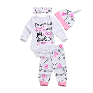 I'm Proof That Daddy Baby Girl Outfit Newborn Long Sleeve Romper Tops + Arrow Heart Print Long Pants + Hat + Headband Set Toddler 4Pcs Summer Autumn Clothing