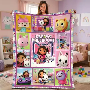 Cute Cartoon Gabby's Dollhouse Grid Print Flannel Blanket for Kids Girls & Adults - Ultra Soft Lightweight Bedding Bedspread for Sofa Bed Picnic Travel, All Season Warm Home Decor Gift Birthday Christmas 4th Of July Holiday Present For Gabby Fans
