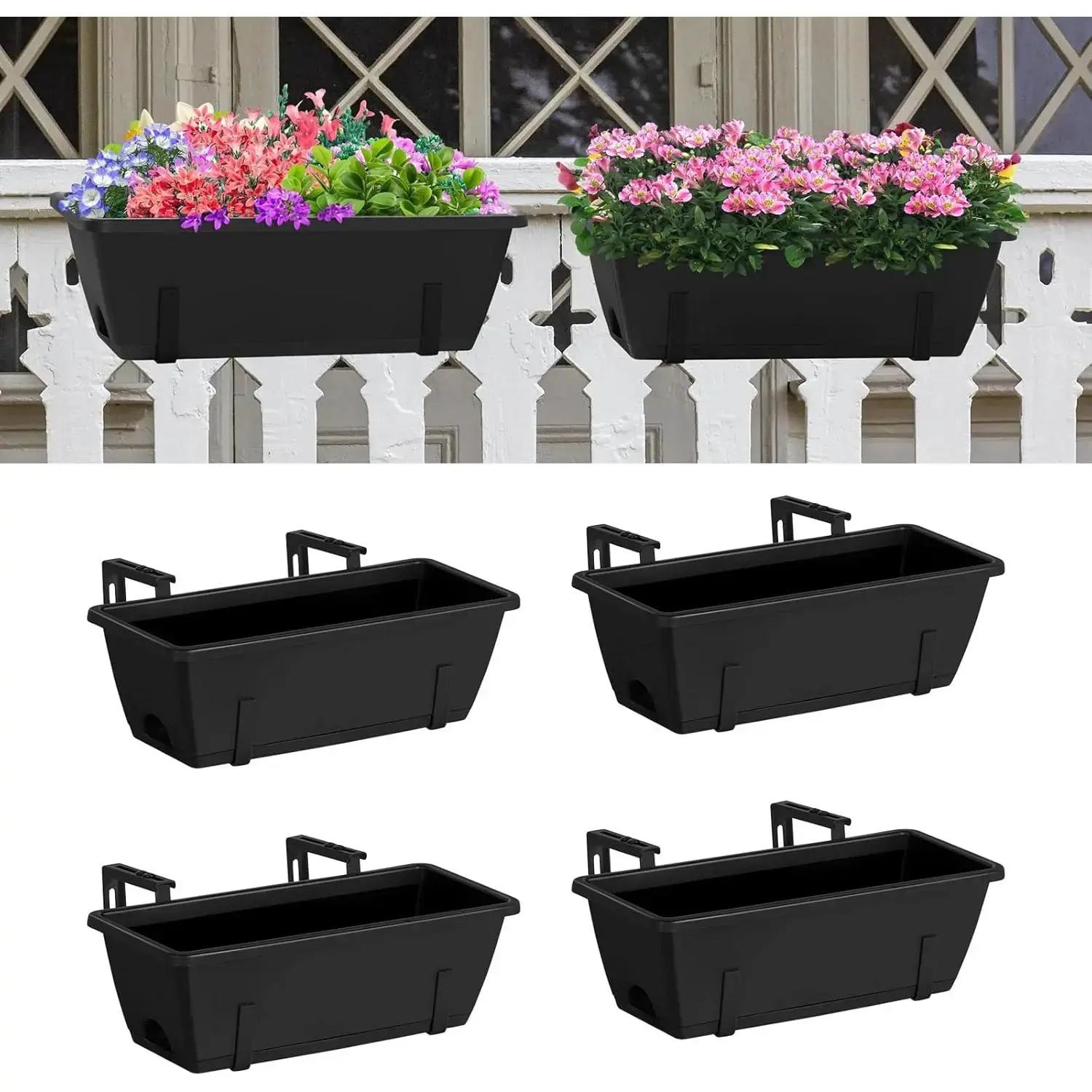 Railing Planter Box 4 Pack Window Boxes Planter with Adjustable Brackets 16.9 Inches Deck Railing Hanging Flower Boxes Black Balcony Planters Fence Hanging Planters for Outdoor