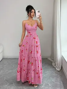 Women's Floral Print Cherry Cami Straps Dress, Boho Fashion Casual A Line Dress for Beach Holiday Vacation, Ladies Dress for Summer