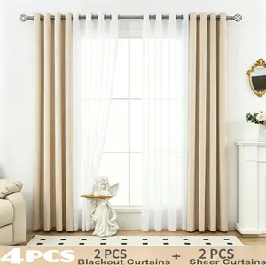 4 Panels/set Blackout Curtain Set, 2 Panels Blackout Curtains +2 Semi Sheer Curtains, High Blackout Solid Color Curtain And Curtain Liner, Block Light for Bedroom And Living Room Modern Art Deco Suitable for Living Room Bedroom Dining Room