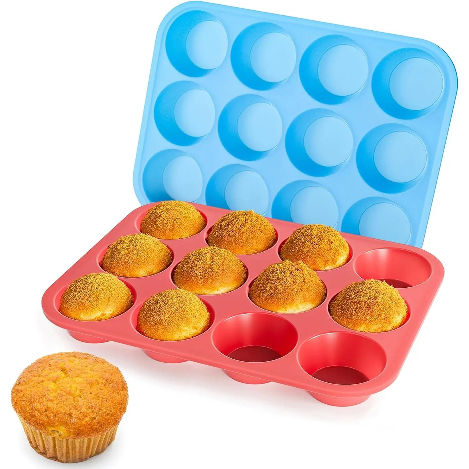Muffin Pan with Steel-reinforced Rim,2 Pack,Blue&Red | 12 Cups Regular Size Cupcake Pan,,Non-Stick  Muffin Trays for Making Muffin,Cakes,Tart,Egg Bites,Oven Safe