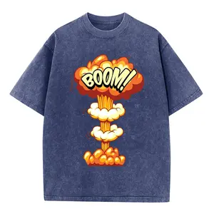Men's Loose Baggy T-Shirt, Retro Washed Cotton with "BOOM!" Comic Graphic, Short Sleeve Summer Streetwear