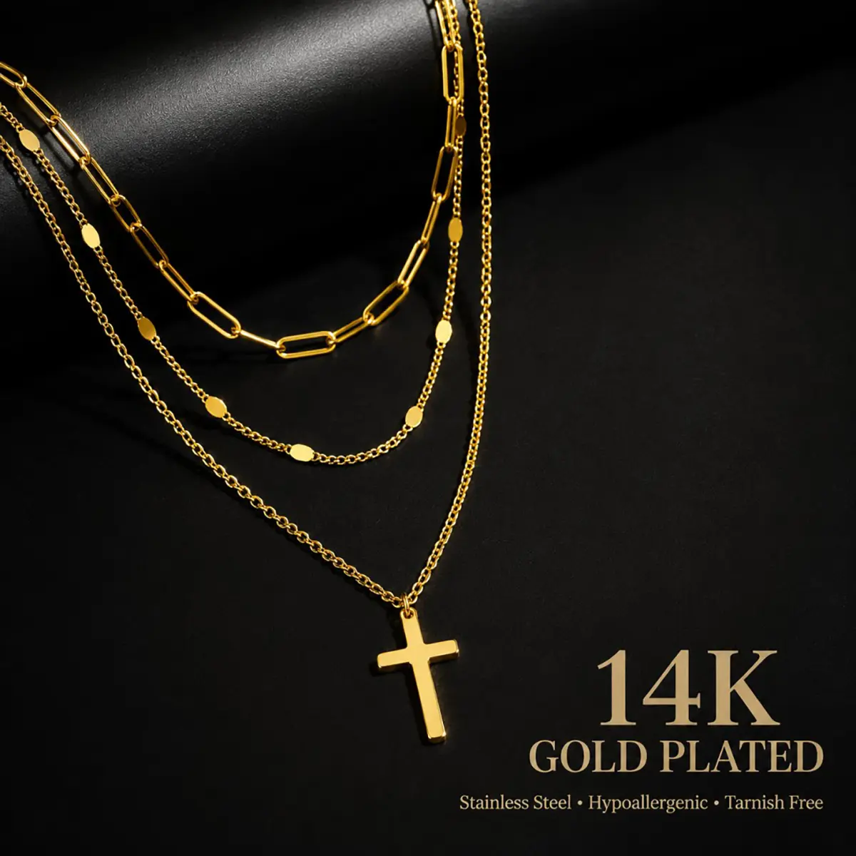 Women's 14K Gold Plated 3-Layer Cross Necklace, Stainless Steel Paperclip Chain Pendant, Hypoallergenic Waterproof Tarnish-Free Adjustable Stack Jewelry for Daily Wear, Holiday Gift