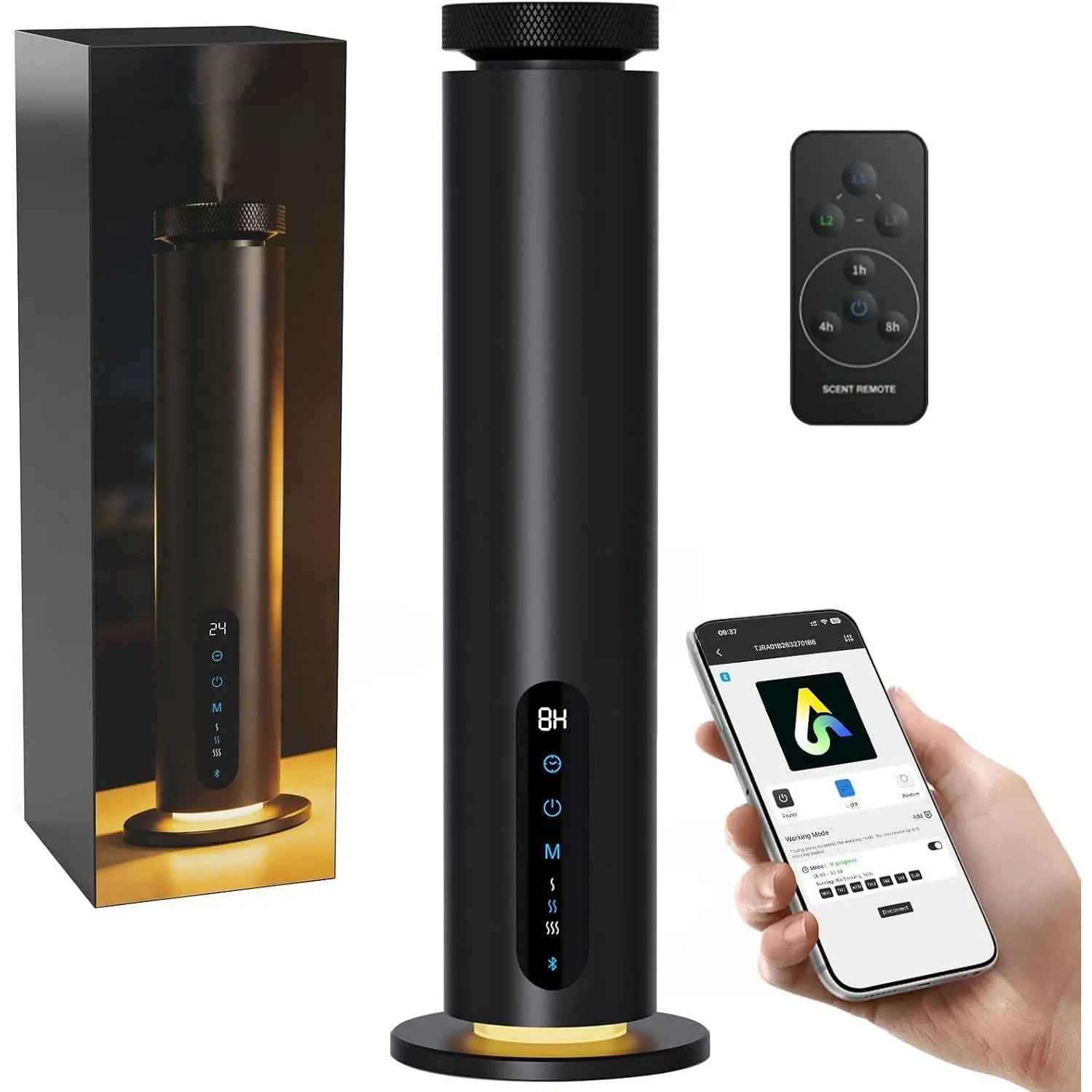 Black Waterless Essential Oil Diffuser - Fragrance Machine with App Remote Control, 1000 Sq.Ft Coverage, 3 Color Ambient Lights, Adjustable Mist, Quiet Aromatherapy Device for Home Large Room, Hotel Scents & At-Home Routine
