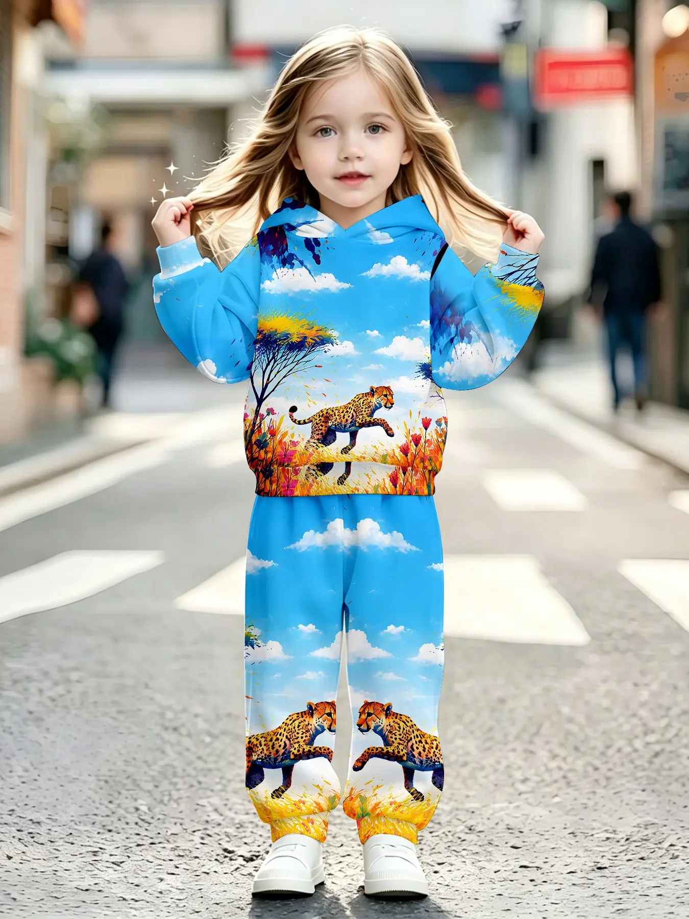 Girls' 3D Leopard Hoodie and Pants Set, Casual Fall Winter, Perfect for Parties and Gifts, Age 1-14 Years