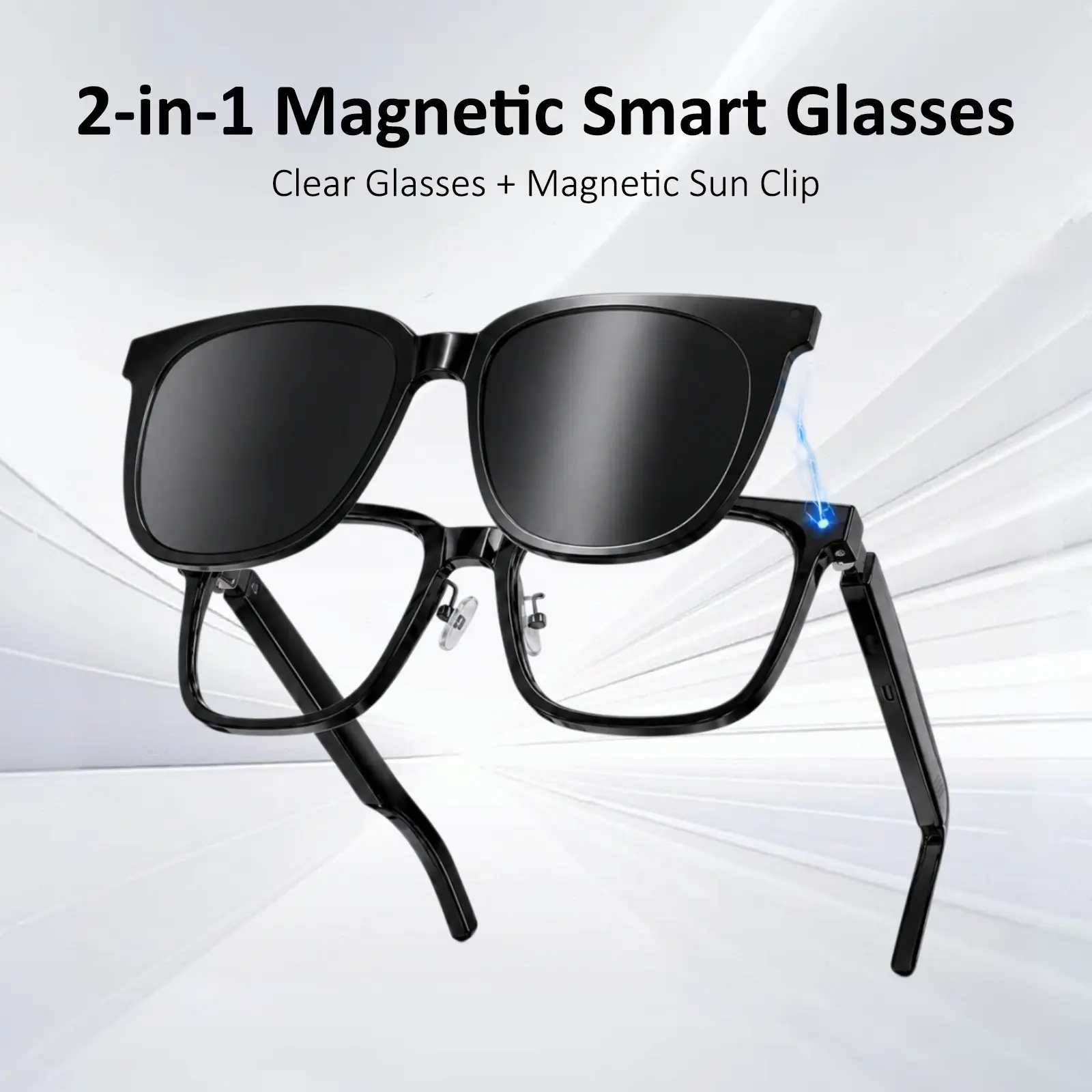 2-in-1 Magnetic Smart Audio Glasses for Men Women, Open-Ear Bluetooth Glasses with Polarized Clip-On Sunglasses, Music and Hands-Free Calls
