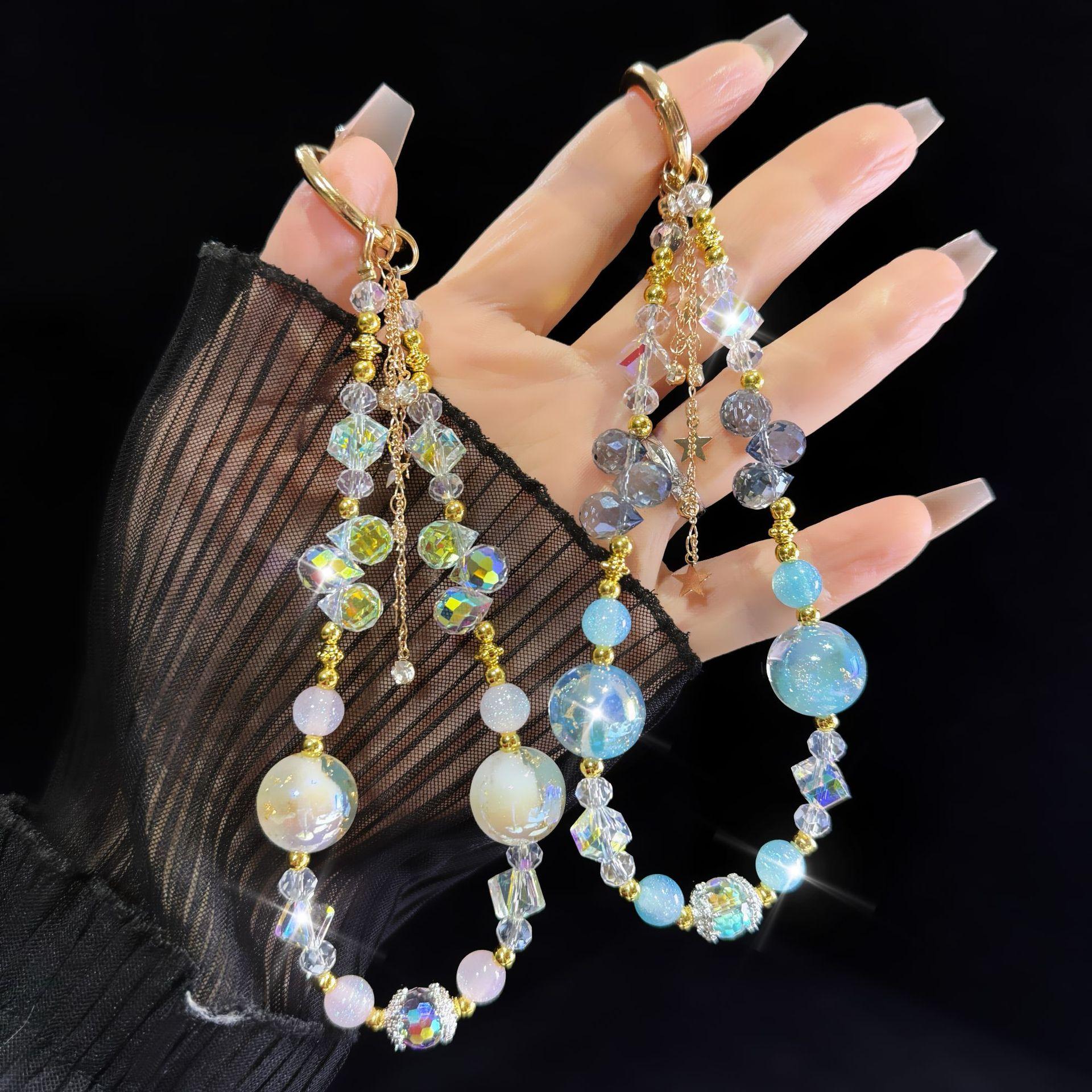 For Light Luxury Crystal Mobile Phone Chain Beaded Short Wrist Chain Fashion Butterfly Pendant Gold Leaf Hand-Made Lanyard