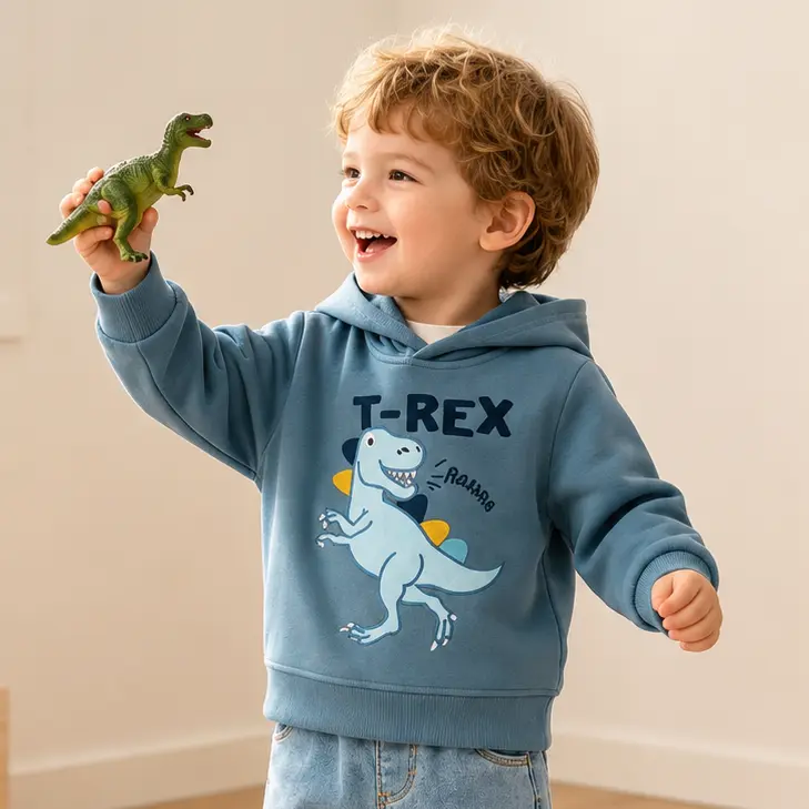 Toddler Boys Hooded Neck Relaxed-Fit T-Rex Dinosaur Cartoon Print Hoodie - Long Sleeve Shirt, Graphic Long Sleeves Pullover Sweatshirt for Daily Wear (Check Size Chart)