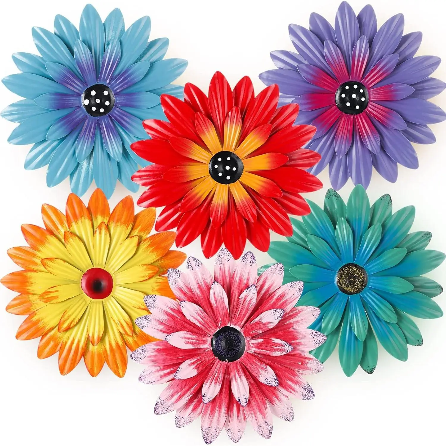 6 Pcs 8-Inch Cute Color Metal Flower Ornaments - Farmhouse Hanging Decor, Floral Art for Kitchen, Garden & Porch Indoor Outdoor Wall Decor