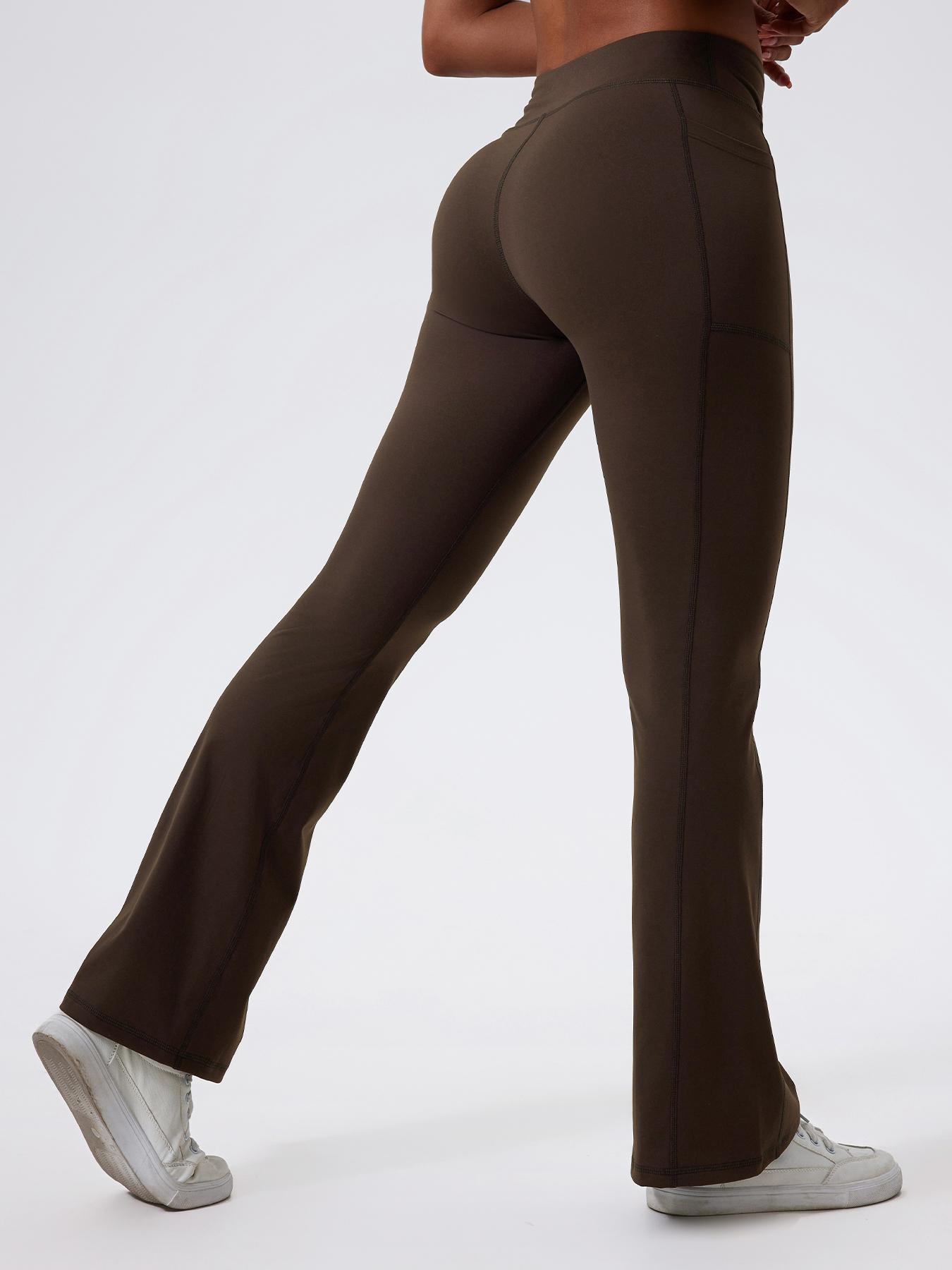 Women's Solid High Waist Flare Leg Sports Leggings, Sporty Overlap Waist Pocket Skinny Pants for Yoga Gym Workout Running, Ladies Sportswear for All Seasons, Flared Yoga Pants, Flared Yoga Bottoms, High Waisted Leggings