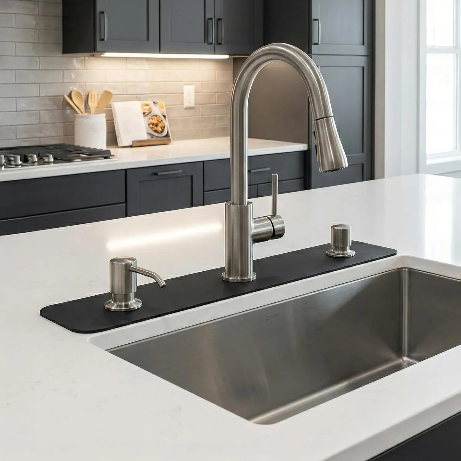 Cuttable Kitchen Sink Faucet Mat: 2PCS 30"Lx5.5"W DIY Splash Guard for Irregular Sink 2, 3 holes, Soap Dispenser & Air Gap - Bathroom Counter Protector Drip Catcher with Pre-Cut Center Hole, Black