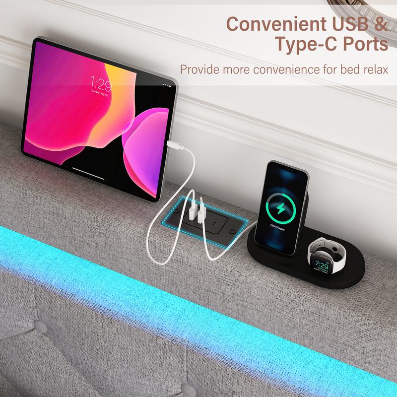 King/Queen LED Bed Frame with 4 Storage Drawers and 2 USB Ports, Modern Upholstered Button Tufted Headboard Bed Frame, Solid Wooden Slat Support, No Box Spring Needed, Dark Grey/Light Grey