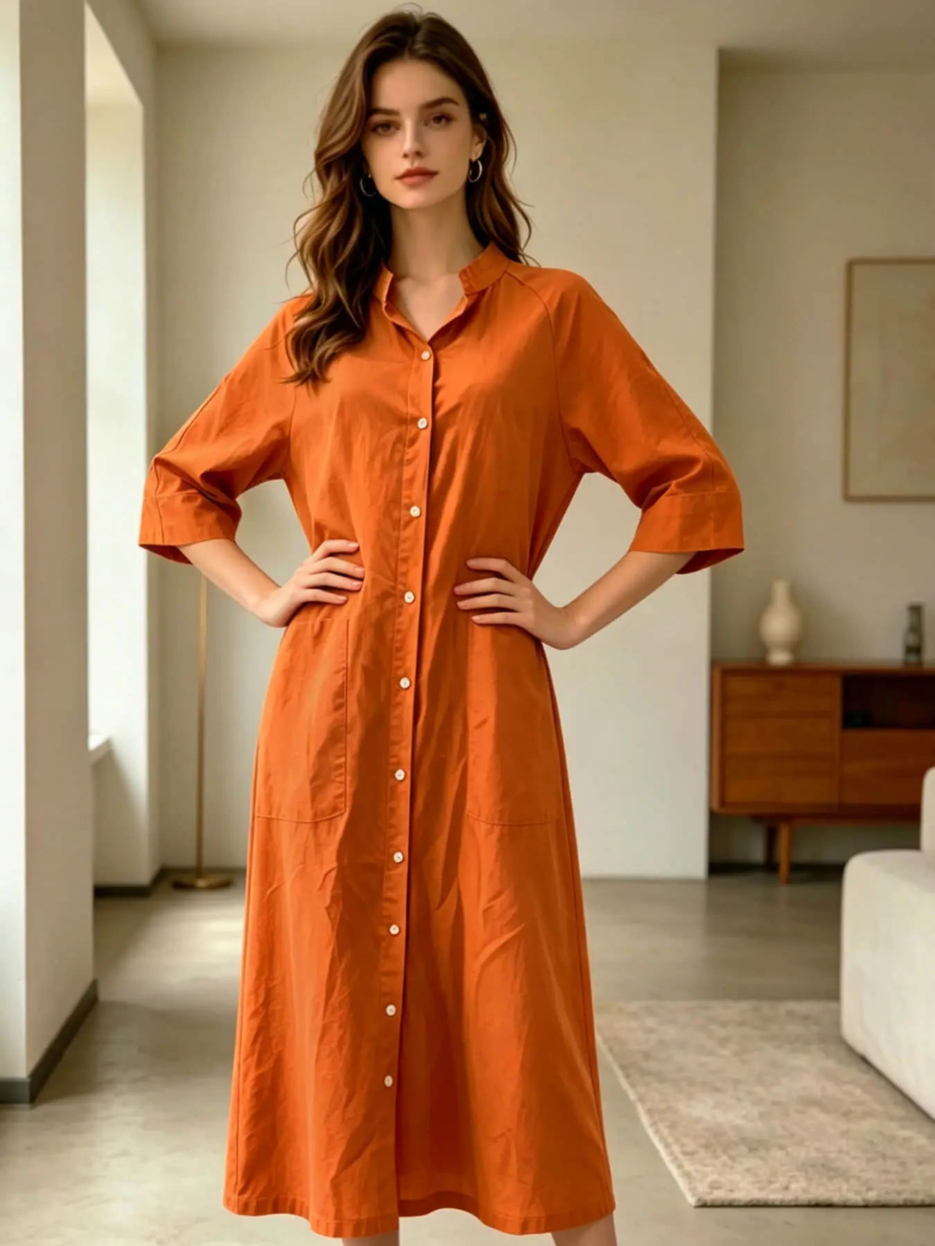 A minimalist stand-up collar button-up blouse dress for women, featuring a pocket design in a long length. Perfect for summer, ideal for street-side cafes, commuting, short trips, and at-home wear, Casual Comfy Fashion, Casual Dresses