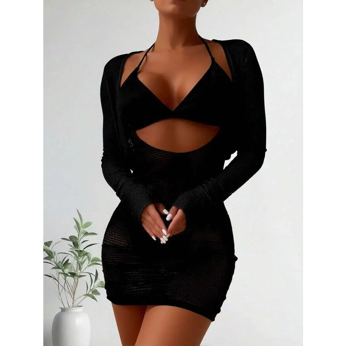 Women's 2026 New Solid Color Halter 2-Piece Knit Fabric High-Stretch Swimwear Set - Sun Protection Hollow Cutout Swimsuit Cover Up Dress, Machine Washable Vacation Swimwear