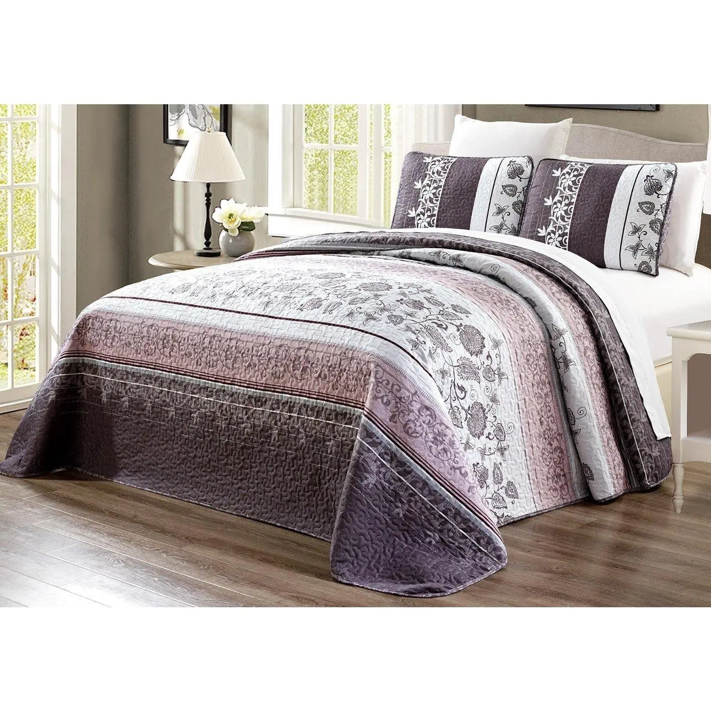 3-Piece Oversize (100 X 95) Fine Printed Prewashed Quilt Set Reversible Bedspread Coverlet Full/Queen Size All-Season Bed Cover (Purple. Grey, Brown, White, Floral)