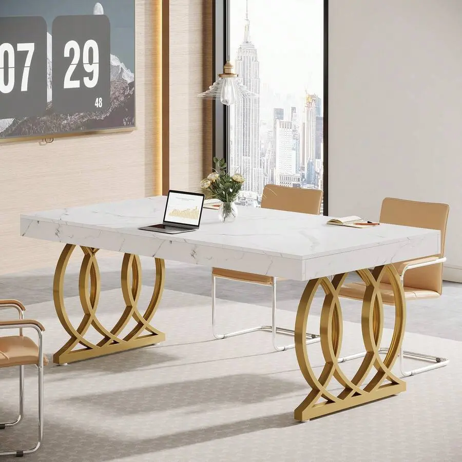 63" L x 31.5" W Modern White & Gold Conference Table - 5 Ft Rectangle Office Desk with Metal Base, Durable, Easy to Set Up/Effortless Assembly, Commercial Business Furniture for Business Meetings, Boardroom, Meeting Room