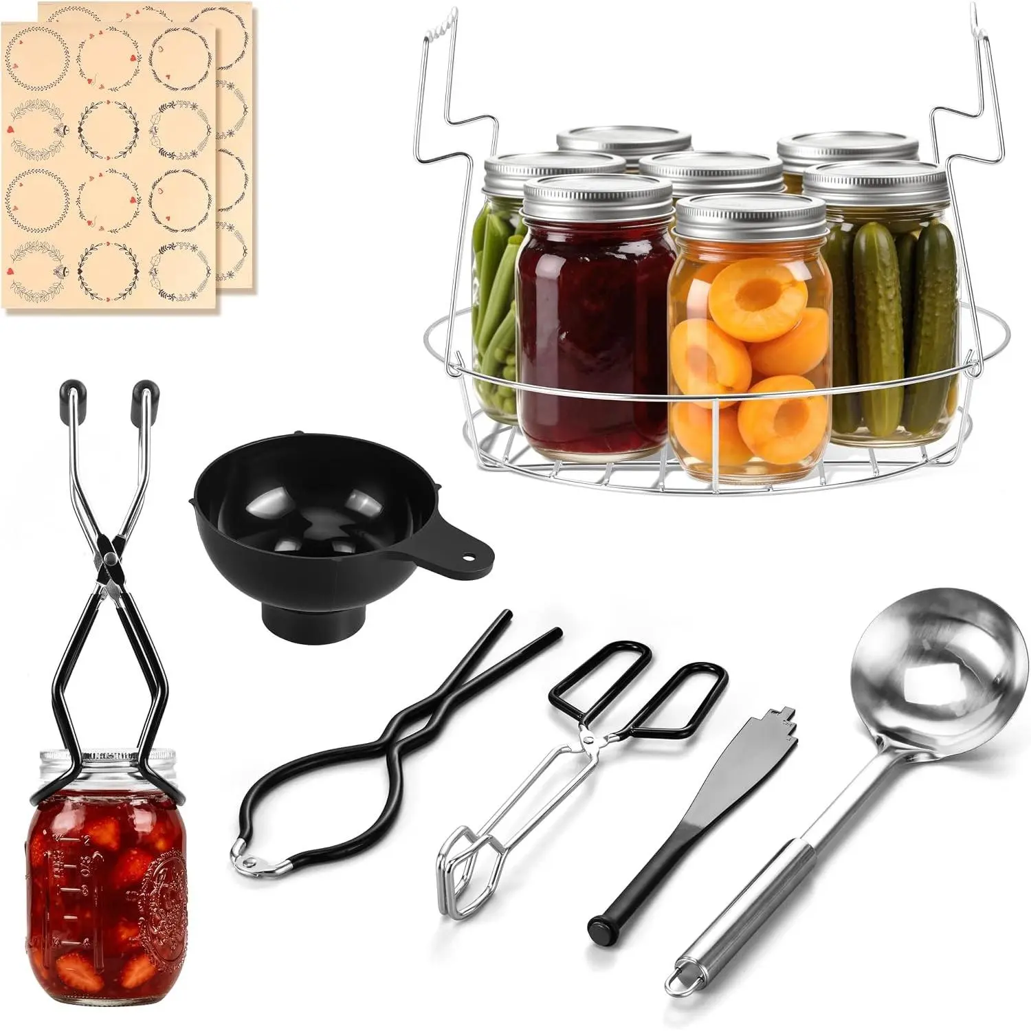 Canning Supplies Starter Kit with Rack, Home Canning Tools Set | Food-grade Stainless Steel Canning Accessories: Funnel, Ladle, Tongs, Jar Lifter, Jar Wrench, 3-in-1 Magnetic Lid Lifter