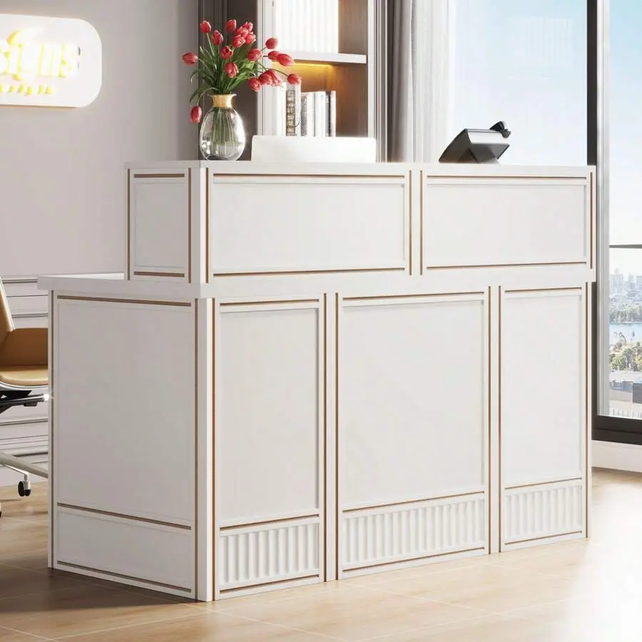 Reception Desk With Counter, 57-Inch Rustic Front Desk Receptionist Table, Boho Welcome Desk Checkout Counter Office, Retail, Lobby, Beauty Salon (White)