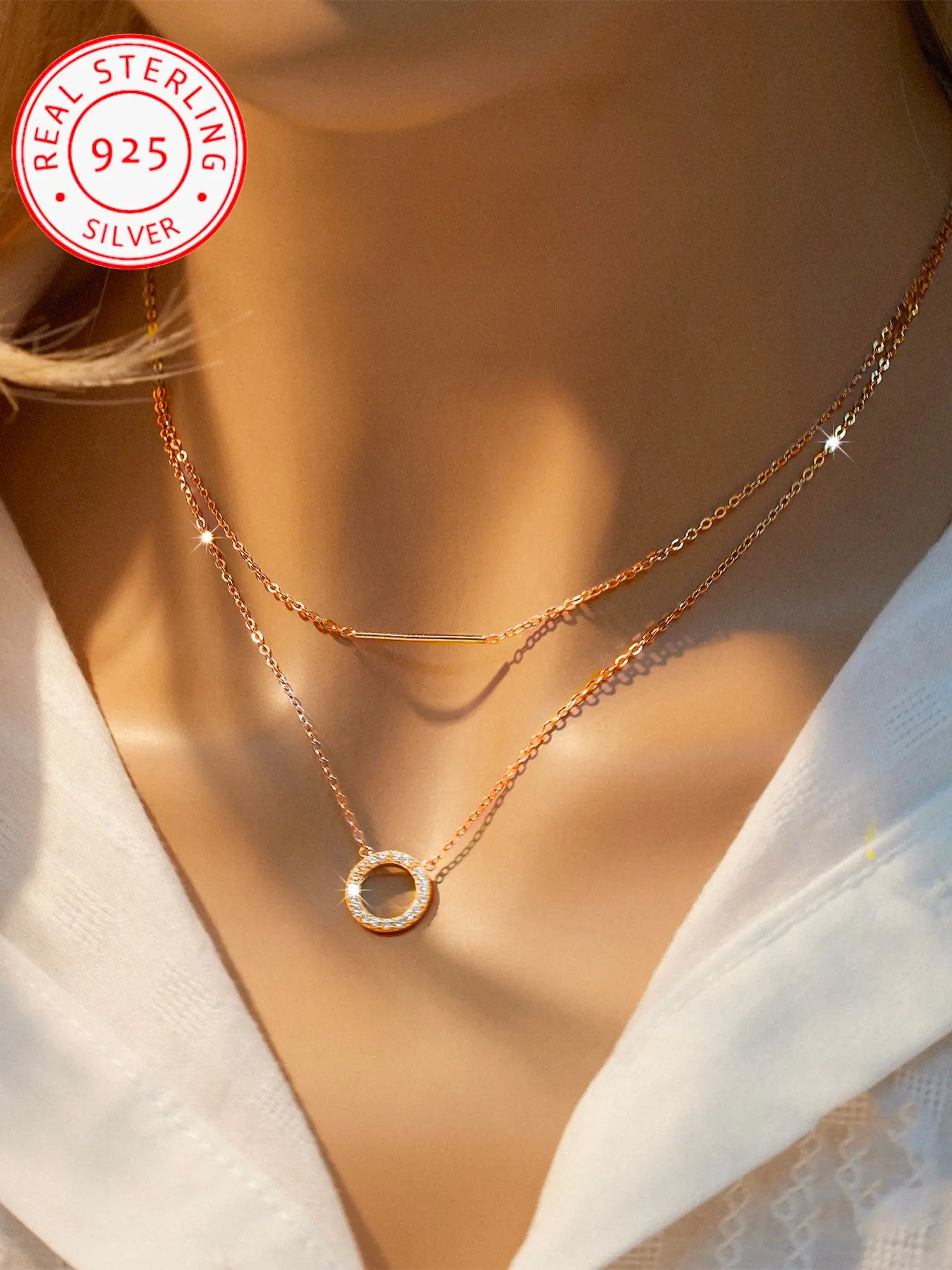 925 Silver Rose Gold Necklace, Round Open Design, Cubic Zirconia, Layered Pendant with Necklace, Women's Jewelry, Birthday Gift, Anniversary Surprise