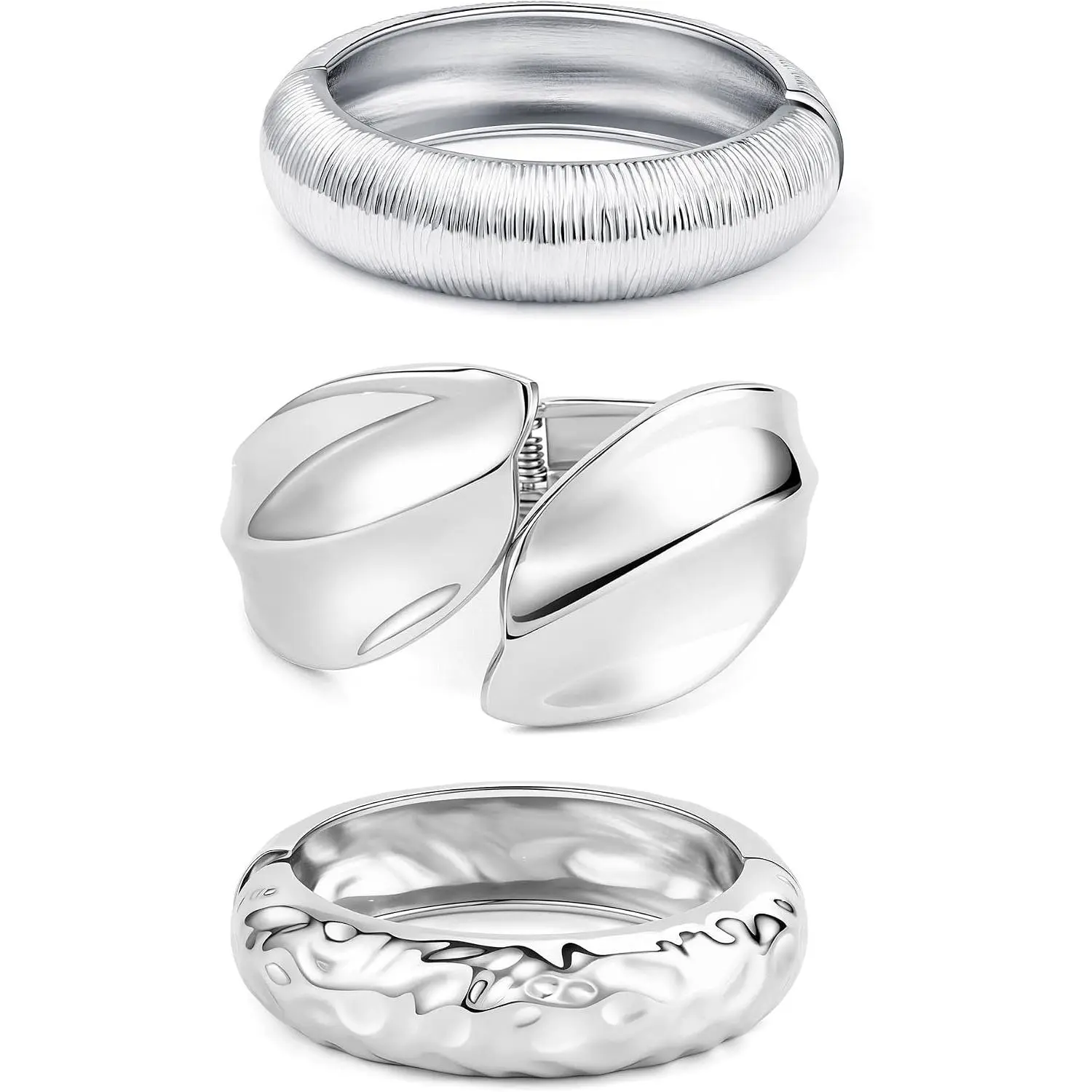 3 PCS Chunky Silver Bangle Set for Women, Stackable Cuff Bracelets with Irregular Curve, Hypoallergenic Adjustable Size for Everyday Use, Chunky Cuffs, Female Wear, Nickel-Free, Titanium Alloy