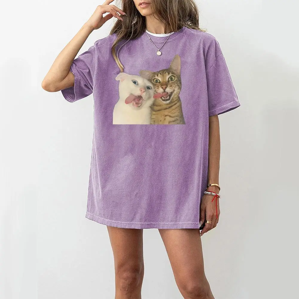 Women's Casual Quirky Cat Emoji Print Washable T-Shirt, Women's Tops, Tshirt, Cotton, Cute