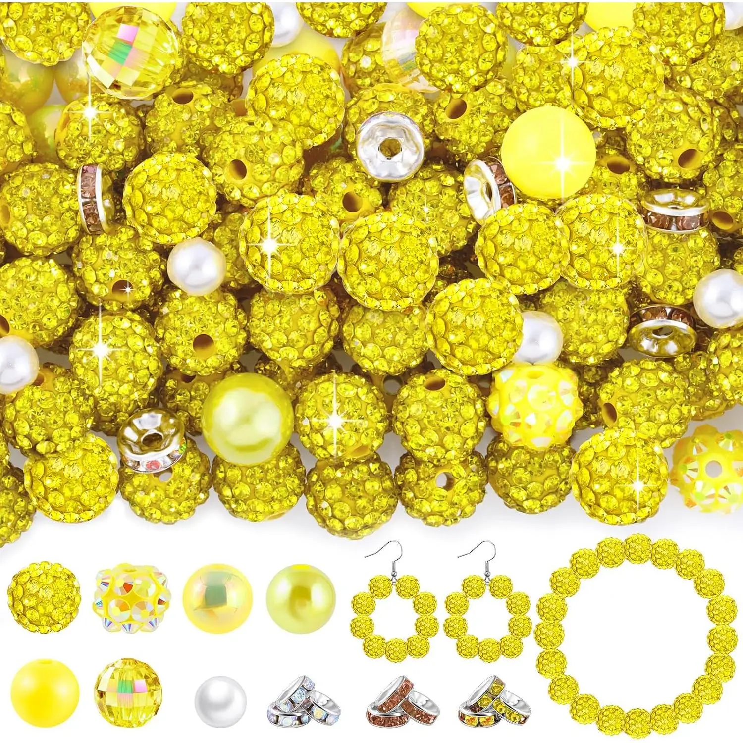 300 count Rhinestone Beads for  Making, Yellow | 200 count 10mm  Clay Beads, 50 count 6mm  Bead, 50 count 8mm Spacer Bead, for DIY Bracelet Necklace Earring Crafting
