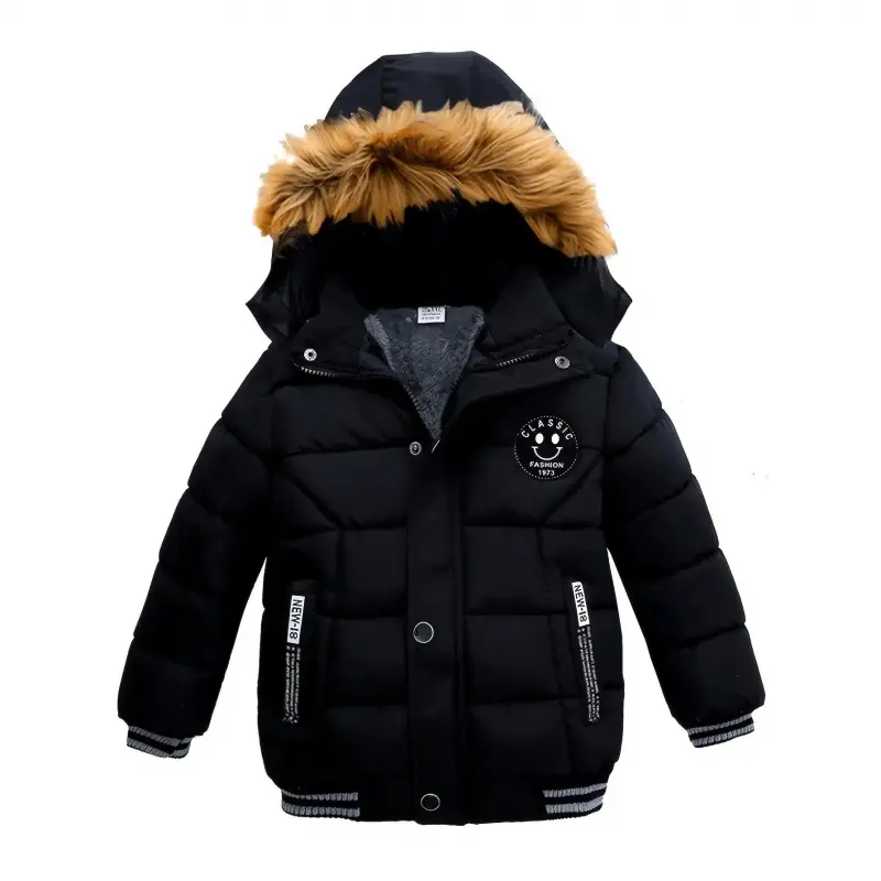 Boys' Casual Black Winter Jacket, a Warm Windproof Hooded Polyester Coat with Alphabet Patched Letters, Regular Fit for Toddlers & Kids, Long Sleeve, Outerwear, Polyester Fits, Alphabet Print, Casual Hooded, Characters, Jacket Coats, Children's Windproof,