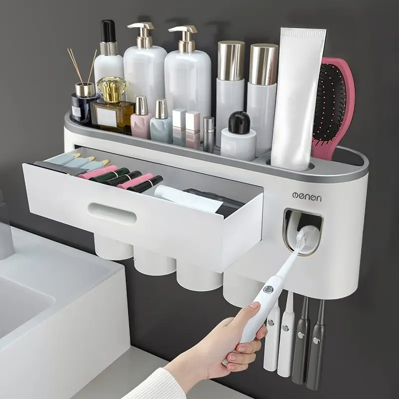 Space-saving wall-mounted toothbrush holder set, Toothbrush Holders Wall Mounted, with makeup drawers, toothpaste dispensers, made of plastic, stores toiletries, saves countertop space, practical convenient, Toothbrush And Toothpaste Holder