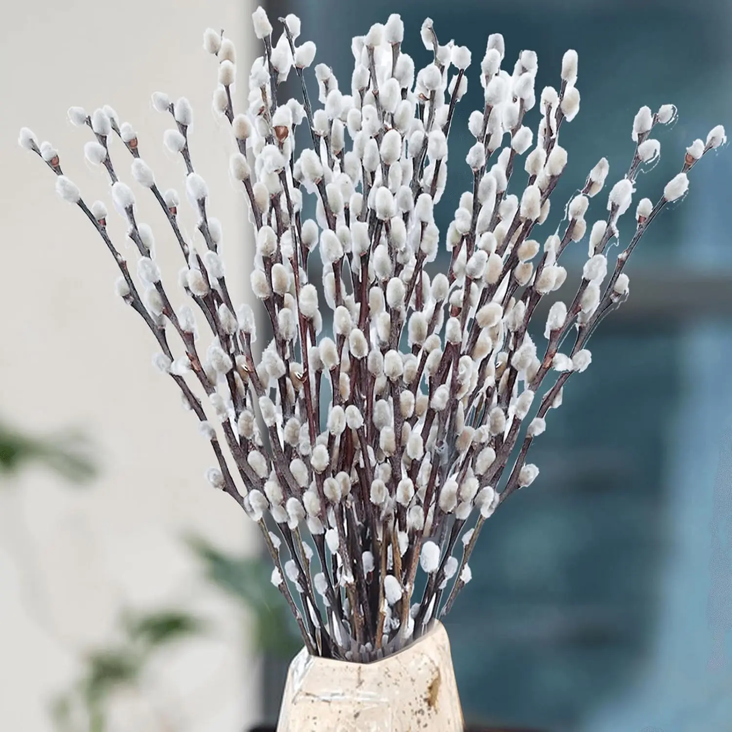 Dried Pussywillow Branches, 30 Stems Natural Preserved Greenery, 16-17 Inch Snow Willow with White Flowers, Vase Filler for Easter Wedding Home Party Fireplace Decor