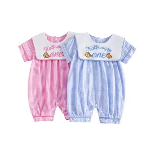 Newborn Baby Boy Girl Half Birthday Romper Summer Letters Embroidery Short Sleeve Plaid Jumpsuit 3-12 Months
