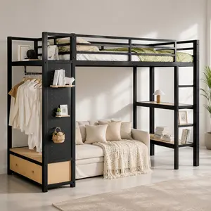 ARCH Twin XL Loft Bed Frame Combo Item Bed for Single Person - Black MDF-Metal Construction, Built-In Closet & Wardrobe, Storage Shelves, Pegboard, Drawers, Full-Length Guardrails, 42.50" w x 93.70" d x 65.00" h Space-Saving Bedroom Furniture