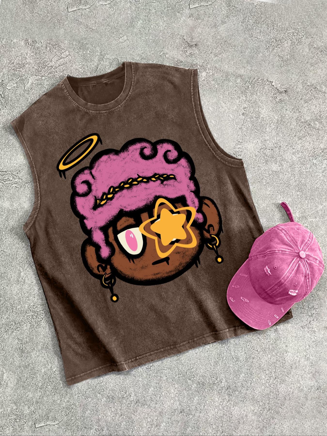 Men's Cartoon Print Tank Top, Regular Fit Casual Fashion Sleeveless Vest Top for Summer, Men's Clothes for Daily Wear, Clothing, Cotton Summer Tank Tops, Breathable Tank Tops