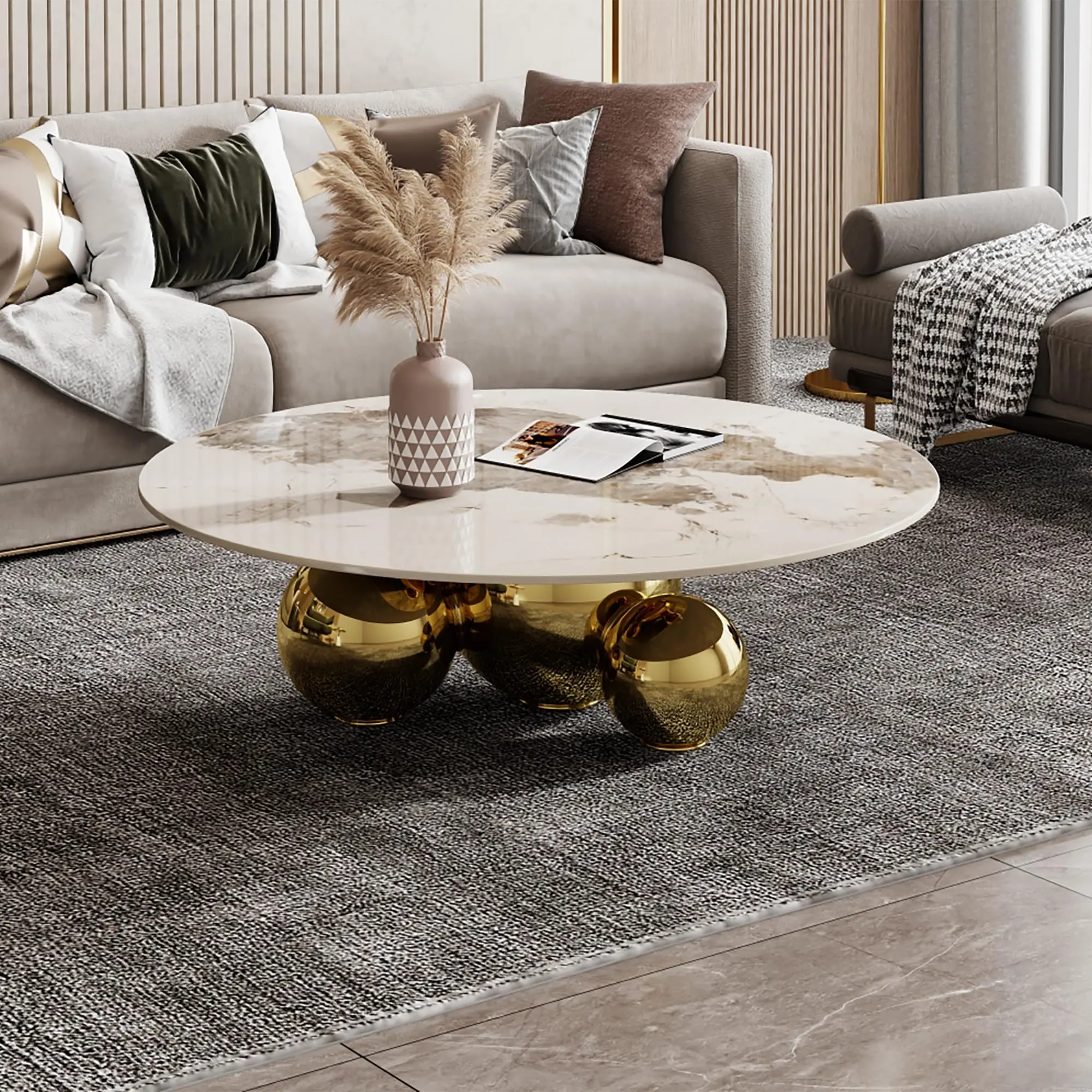 ARCH Gold Round Coffee Table with Stainless Steel Pedestal Base and Faux Marble Top, Modern Glam Living Room Accent Table, Easy Assembly, 1-Piece, Sofa Side Table for Apartment, Bedroom, Office, Home Decor, Round Coffee Table, Living Room Table for