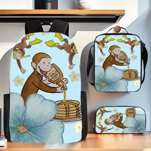 Curious George Honey Pancake Illustration Three-Piece School Bag Set: Lightweight Oxford Backpack with Lunch Bag and Stationery Storage Bag, Suitable for Daily Campus Life