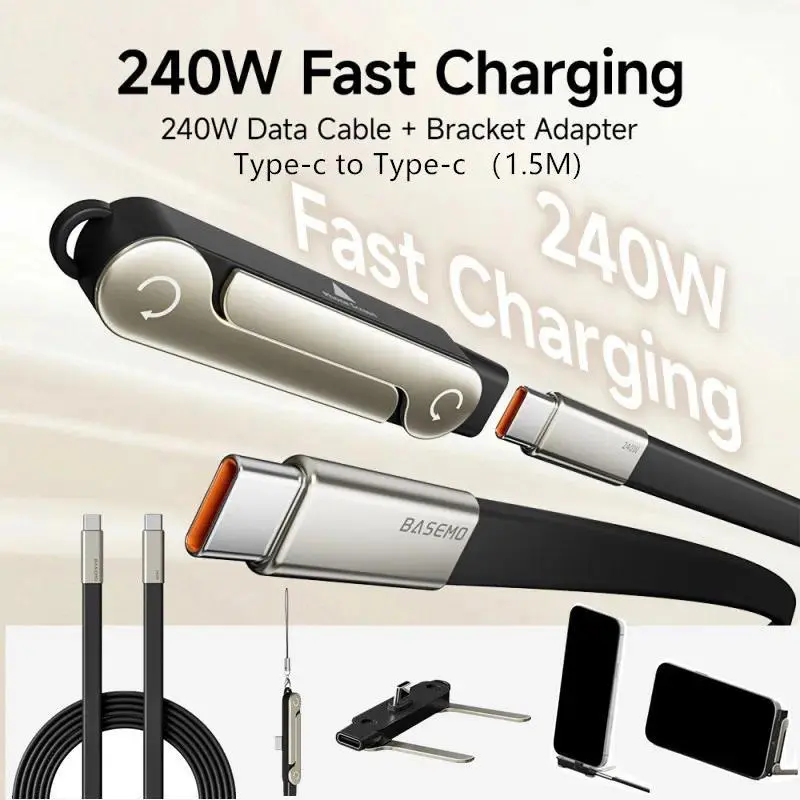 240W PD Type-C Fast Charging & Data Cable with Folding Bracket, 2-in-1 Smartphone Cellphone Mobile Charger Wire for iPhone, Xiaomi, Samsung, Type C To Type C-2