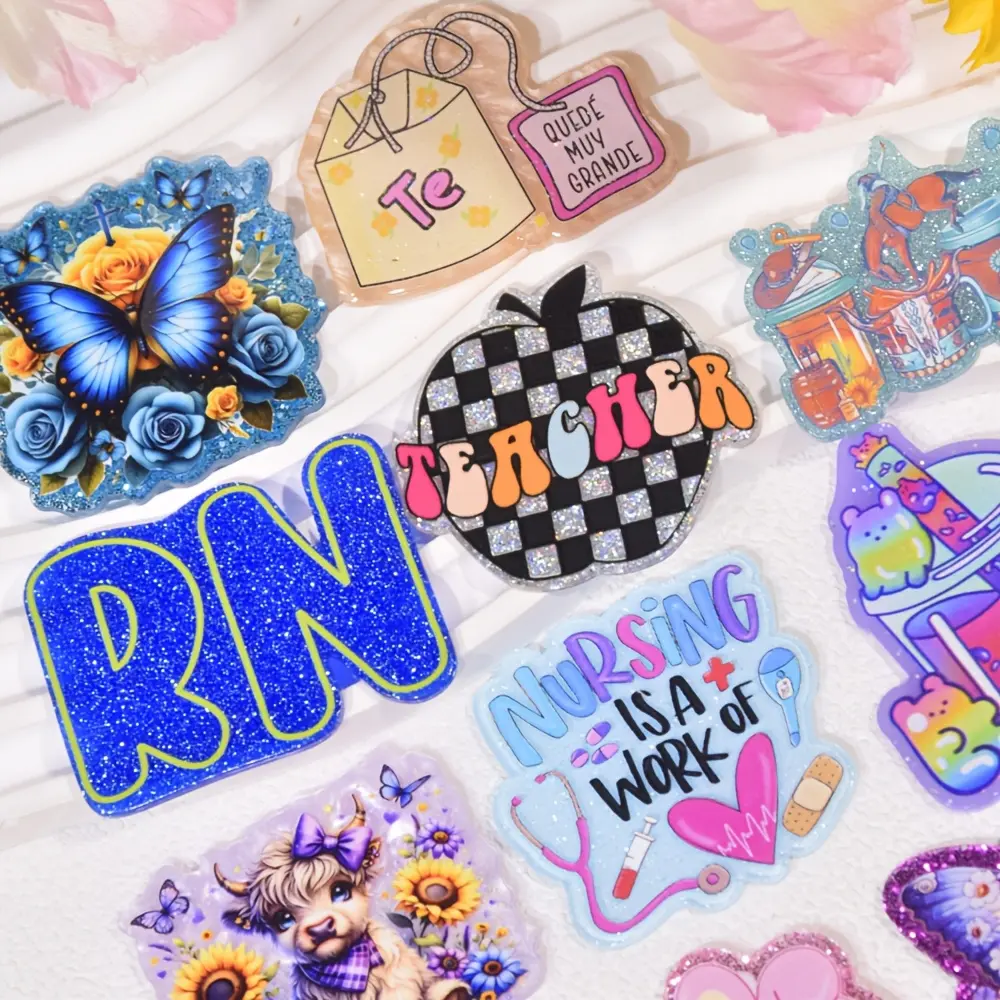 15pcs Random Pattern Glitter Resin Acrylic Flat Back Charms - Assorted Cute Designs for DIY, Badge Reels, Hair Clips & Accessories, Hair Clip Charms | Playful Charm Designs | Glitter Finish, Glitter Accessories