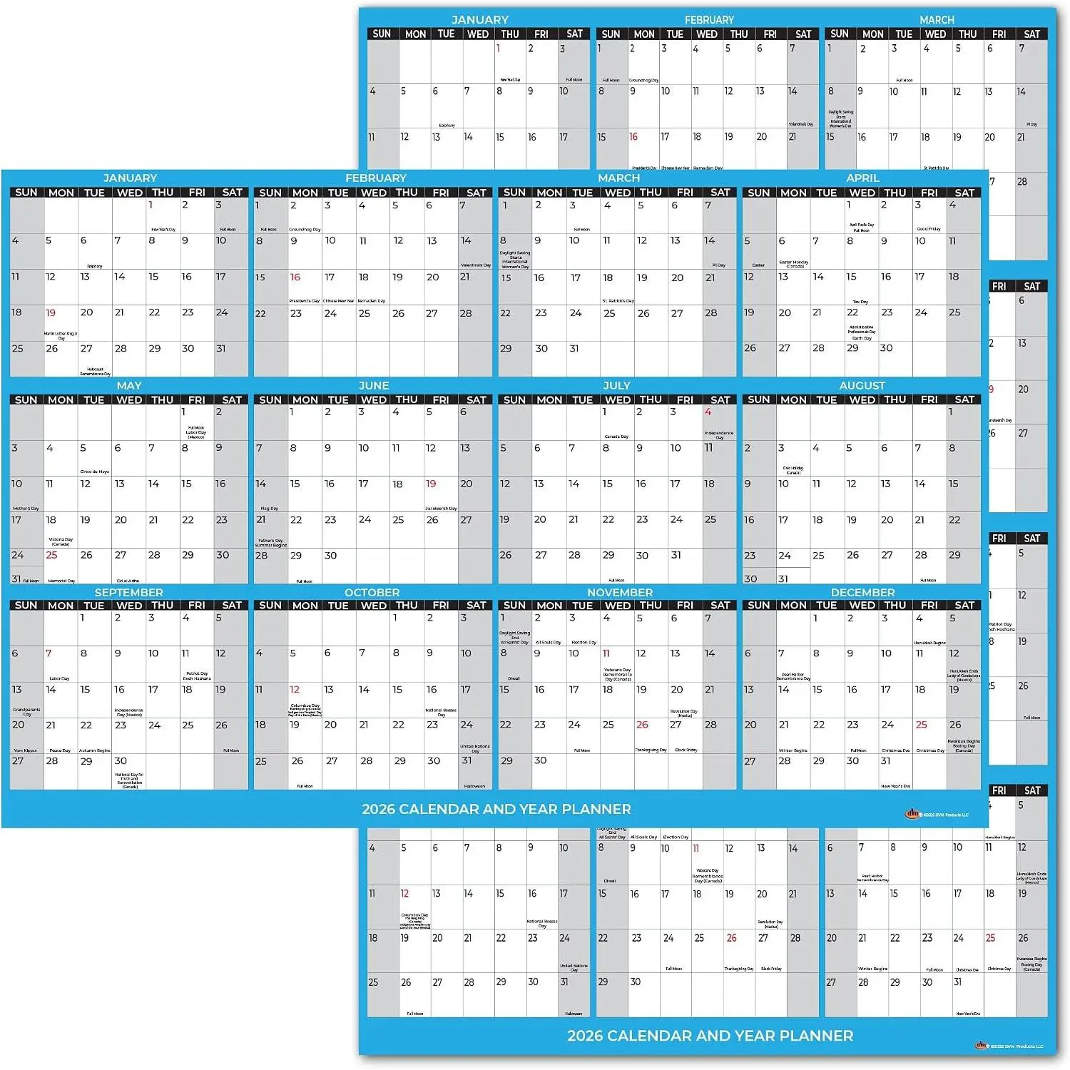 2026 Wall Calendar with Double Sided Tape for Wall , Large Wet & Dry Erase Laminated, Size 12" x 18", 12 Month Annual Yearly Wall Planner, Reversible, Horizontal/Vertical