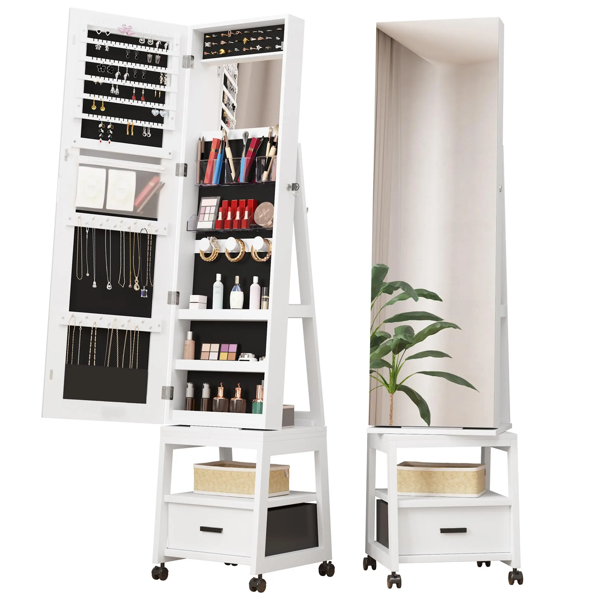 GARVEE360° Swivel Jewelry Armoire with Locking Feature, Full Length and Makeup Mirrors, Bottom Drawer, Rear Storage Shelves, Wheels, White MDF+Iron+Glass Cabinet, Large Capacity, Floor Standing, Flip Cover Design