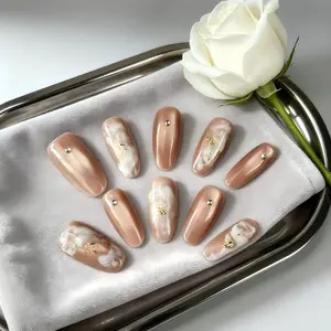 Caramel Cat Eye Press On Nails - Milky White Swirl with Gold Foil & Rhinestones, Medium Oval, Neutral Nude Nails for Daily & Party