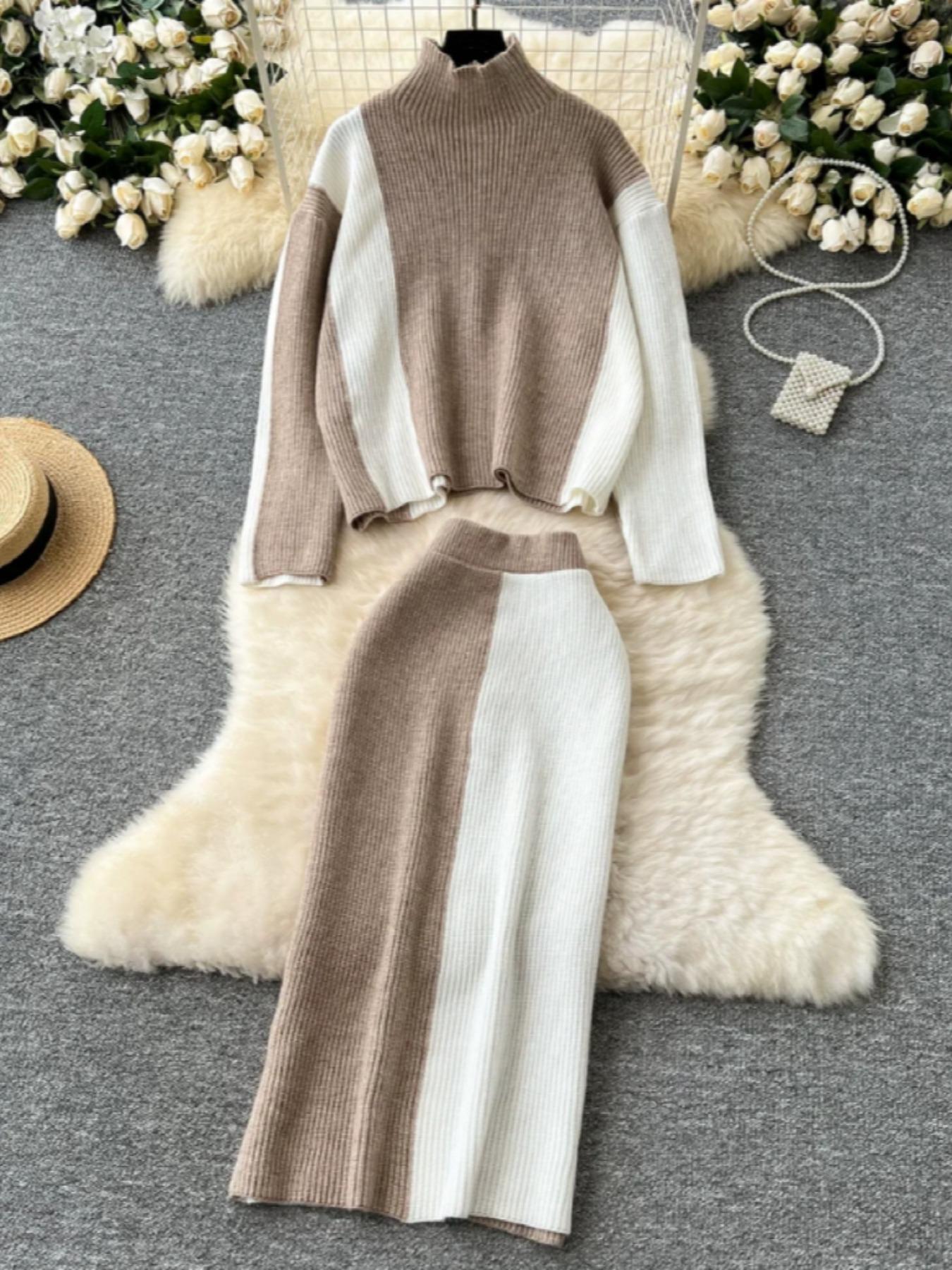 Women's Colorblock Sweater Set, Elegant Mock Neck Knit Top & Elastic Waist Skirt, Casual Fitted Two-Piece for Fall Winter Women's Colorblock Sweater Set, Elegant Mock Neck Knit Top & Elastic Waist Skirt, Casual Fitted Two-Piece for Fall Winter