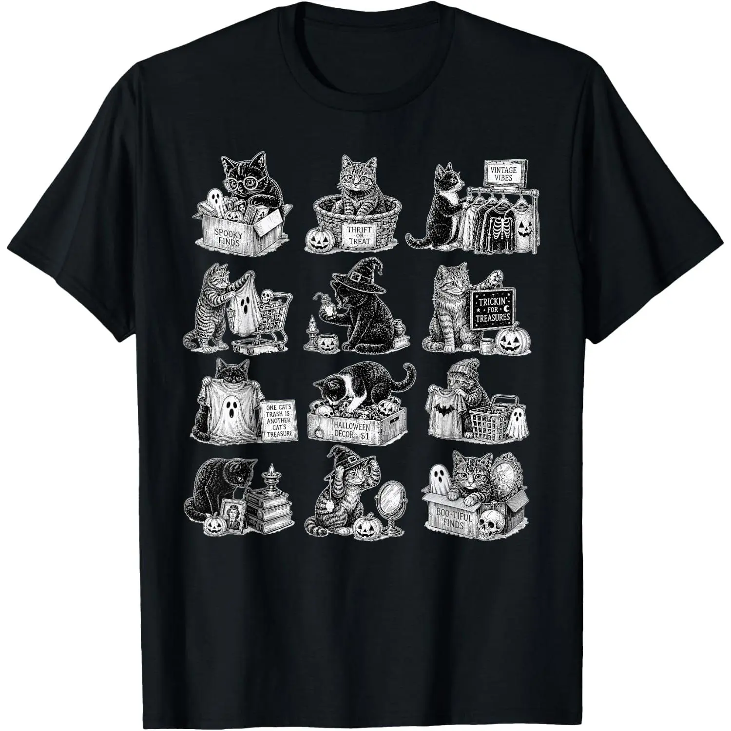 Women's Cotton Short-Sleeve Vintage 90s Halloween Cat Graphic T-Shirt - Breathable Fabric, Casual Style, Stylish Fit, Thrift Collector Casual Tops, 1-Piece Womenswear Halloween Theme