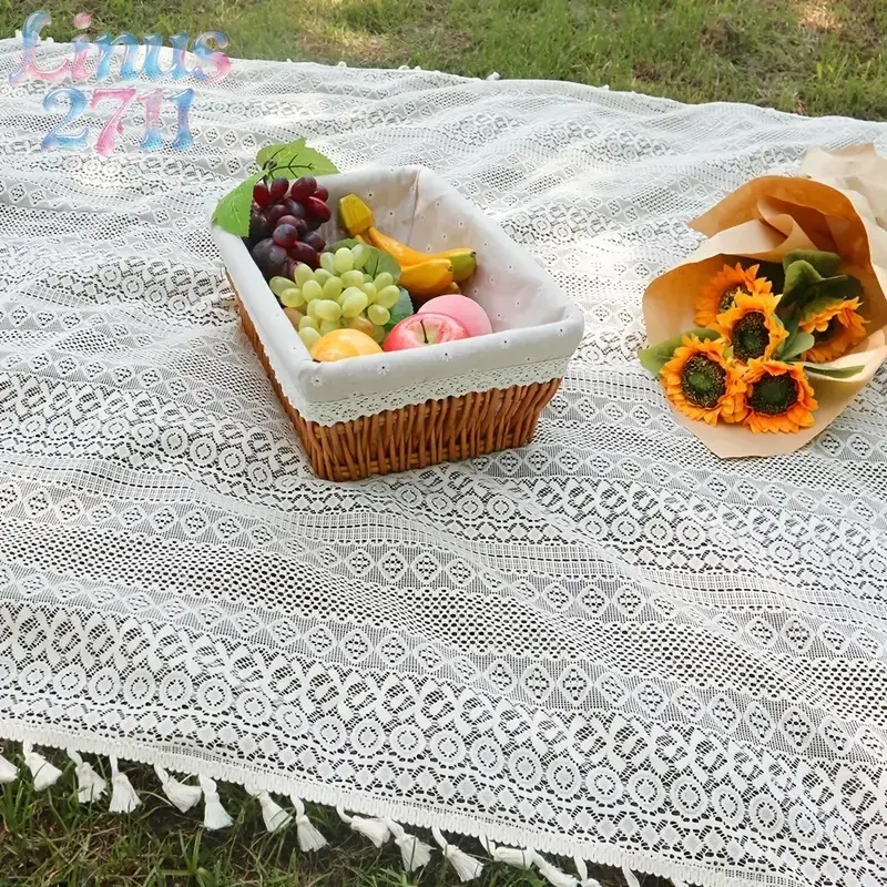 Cream Crochet Hollow Lace Tassel Tablecloth Rectangular Knitted Mesh Picnic Blanket Boho Vintage Outdoor Camping Wedding Photography Table Decor